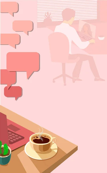 Communication sur Internet pour une tasse de café aromatique. Le concept de rencontres en ligne . — Image vectorielle