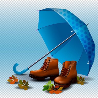 Sonbahar aksesuarları. Mavi şemsiye ve kahverengi çizmeler. Sonbahar satılık İllüstrasyon.