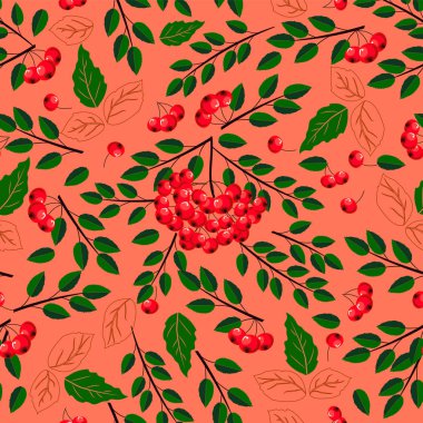 Şeftali arka plan üzerinde rowan ve yaprakları ile Sonbahar deseni.