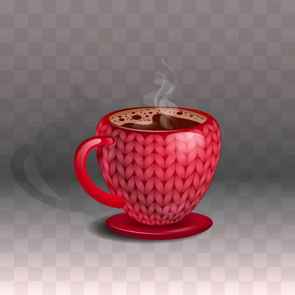 Keramisk röd mugg med kaffe, med ett vackert stickat tryck. På en transparent bakgrund. — Stock vektor