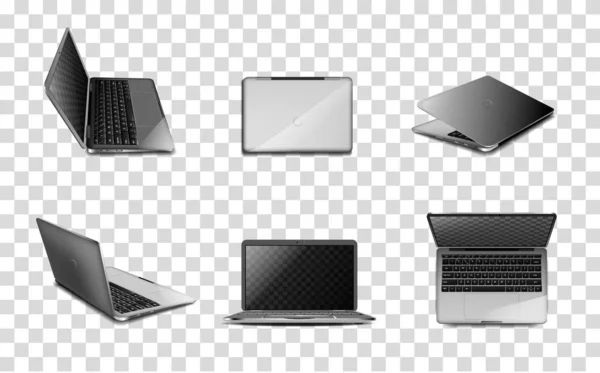 Een set moderne laptops. Realistische mock-up in verschillende hoeken op een transparante achtergrond. — Stockvector