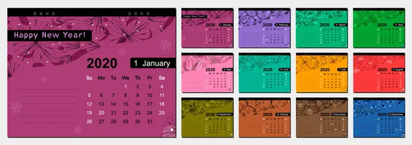 Calendar for 2020. Desktop appointment calendar, on a color background with an ornament. — Stock Vector