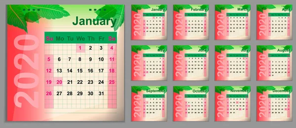 Πολύχρωμο ημερολόγιο για 2020. Σχεδίαση αφαιρούμενου επιτραπέζιου υπολογιστή ή ημερολογίου τοίχου. — Διανυσματικό Αρχείο