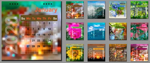 Ημερολόγιο Για 2020 Κολάζ Φωτογραφιών Σχεδίαση Επιτραπέζιου Υπολογιστή Ημερολογίου Τοίχου — Διανυσματικό Αρχείο