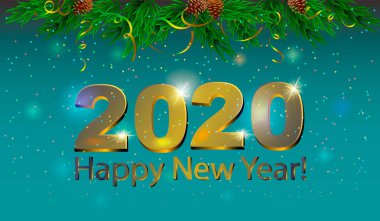 Altın yazıt 2020 mavi arka plan üzerinde noel ağacı ile mutlu yeni yıl. Yeni Yıl veya Noel afiş, afiş, güzel kart.