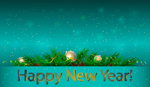 Goldene Inschrift Frohes Neues Jahr mit Neujahrsbaum und Bällen, auf blauem Hintergrund. Neujahrs- oder Weihnachtsbanner, Plakat, schöne Karte. — Stockvektor