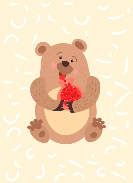 野生の森の動物 茶色のかわいいクマは瓶からジャムを食べます スカンジナビアスタイルの子供っぽいデザイン イラスト ポスター はがき — ストックベクタ