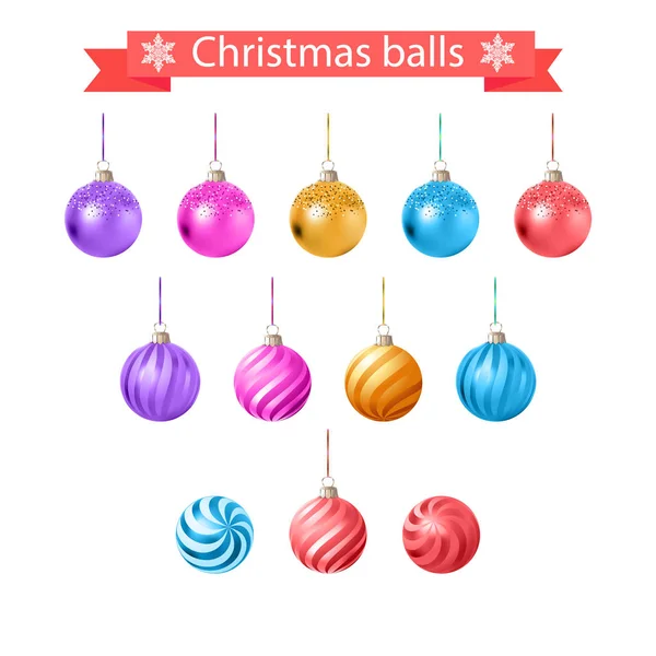 Ensemble Boules Vectorielles Noël Multicolores Lumineuses Avec Ruban Attributs Pour — Image vectorielle