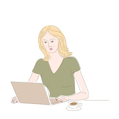 Bir fincan kahveyle dizüstü bilgisayarda çalışan genç bir kız. Evde serbest çalışan. Elle çizilmiş stil vektör illüstrasyonu.