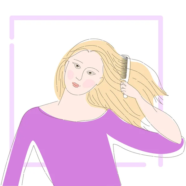 Uma rapariga a pentear o cabelo louro. Situação em casa, casa de banho da manhã. Ilustração vetorial de estilo desenhado à mão . — Vetor de Stock