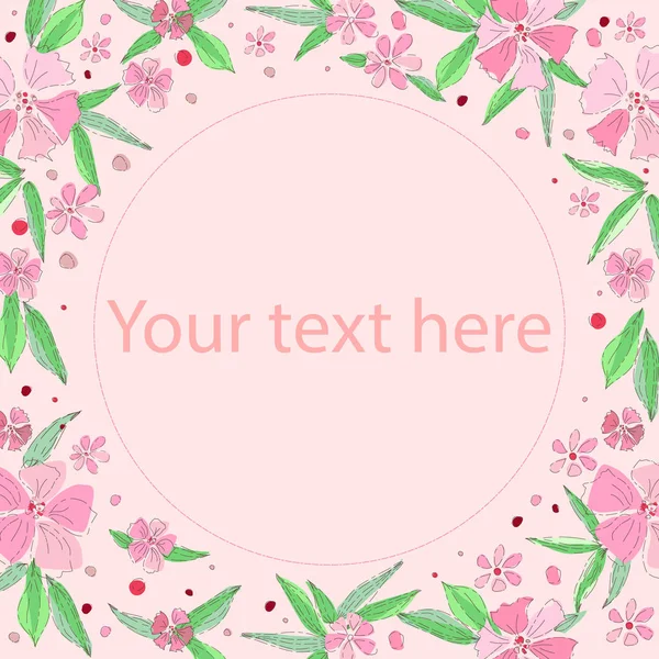 Marco floral, lugar para su texto. Hermosas flores de color rosa sobre un fondo rosa. Estilo de boda, cumpleaños. Ilustración vectorial de estilo dibujado a mano . — Vector de stock