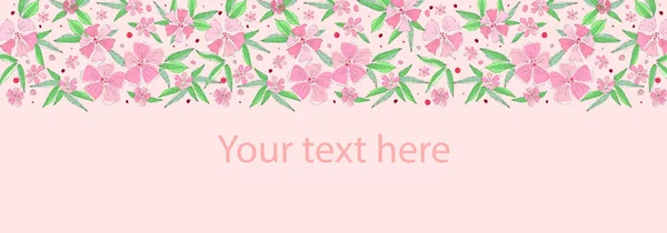 Patrón floral, lugar para su texto. Hermosas flores sobre un fondo rosa. Estilo de boda, cumpleaños. Tarjeta de felicitación, invitación, volante. Ilustración vectorial de estilo dibujado a mano . — Vector de stock