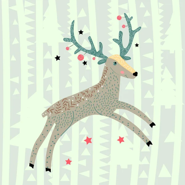 野生森林动物 带有蓝绿色角的圣诞鹿飞驰 斯堪的纳维亚风格 儿童设计 明信片 — 图库矢量图片#