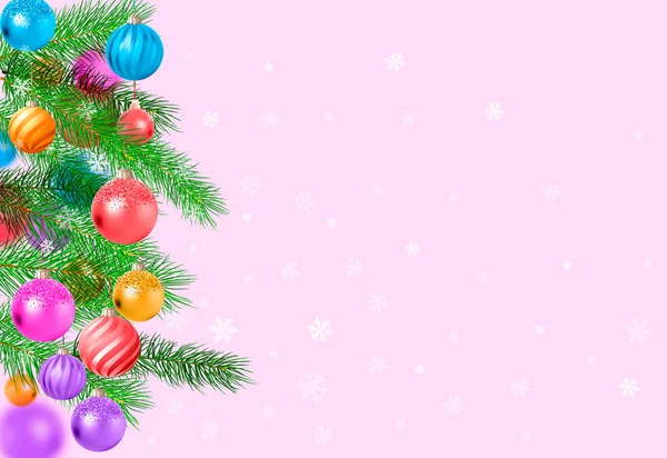 Tarjeta de Navidad hecha de ramas de pino con bolas de Navidad. Lugar vacío fondo rosa con copos de nieve. ilustración . — Vector de stock