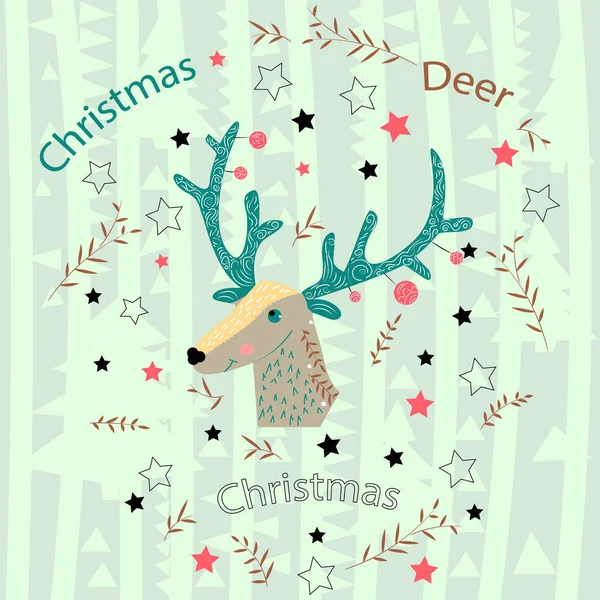 Cerf de Noël avec cornes décorées bleu-vert. Style scandinave, ensemble d'éléments. Design enfantin. Illustration dessinée à la main . — Image vectorielle