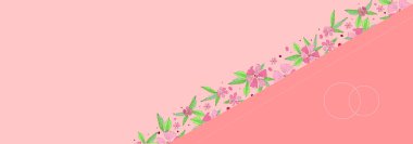 Güzel pembe çiçek süsü. Düğün stili, alyanslar, mesaj atacağın yer. Tebrik kartı, davetiye, pankart. El çizimi biçim illüstrasyonu.