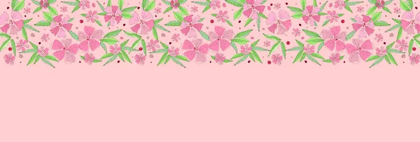 Padrão floral, lugar para o seu texto. Lindas flores em um fundo rosa. Estilo de casamento, aniversário. Cartão, convite, panfleto. ilustração estilo desenhado à mão . — Fotografia de Stock