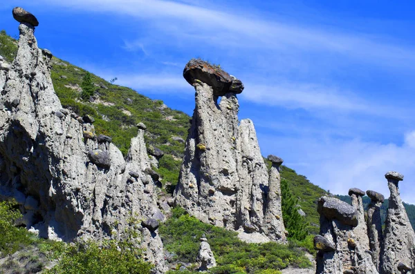Dağ manzarası. Chulyshman Vadisi. Benzersiz bir doğal nesne - taş mantar. Altay. Rusya.