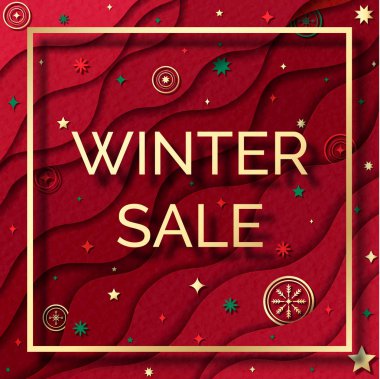Kış satış web afiş. Kağıt tarzı kare arka plan kes. Tatil dekorasyon elemanları ile tasarım oyma içinde kırmızı katmanlı arka plan.