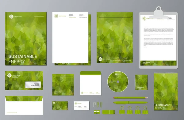 Virksomhedsidentitet Skabelon Sæt Forretning Papirvarer Modellering Branding Design Grøn Geometrisk – Stock-vektor