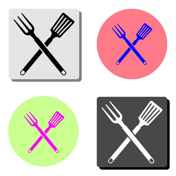 Bbq 或烧烤工具 带铲子的交叉烧烤叉子 简单的平面矢量图标插图上的四个不同的颜色背景 — 图库矢量图片