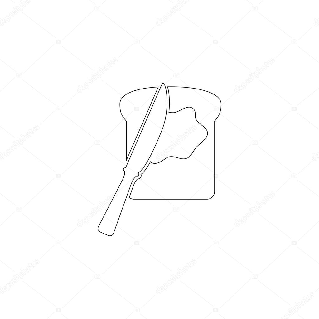 toast bread slice with butter and spreading knife. simple flat vector icon illustration. outline line symbol - editable stroke