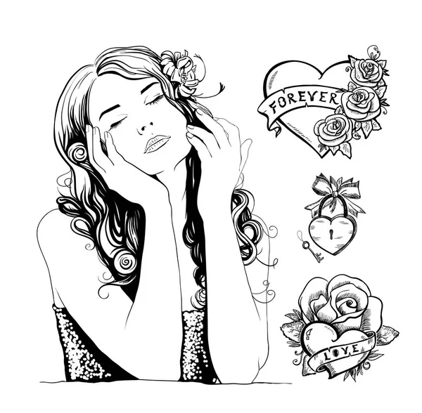 Graphic Tattoo Sketches Pretty Woman Portrait Hearts Roses Ribbons Padlock — Stock Vector