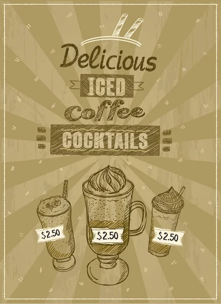 Iced Coffee Cocktails Meny Handritad Illustration Vintagestil — Stock vektor