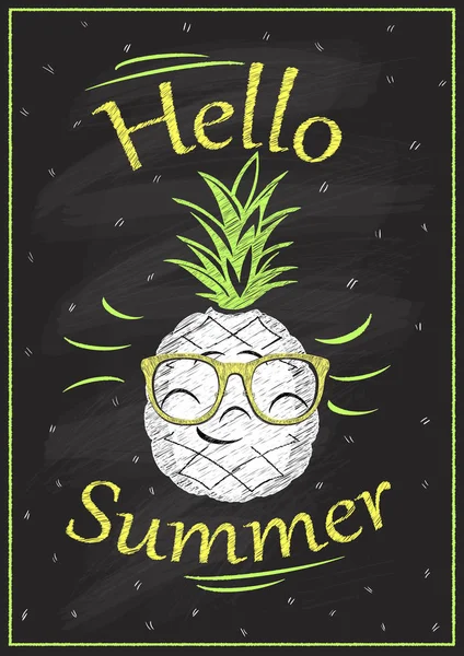 Hello Summer Chalkboard Design Smiling Pineapple Summer Quote Card — Stock Vector