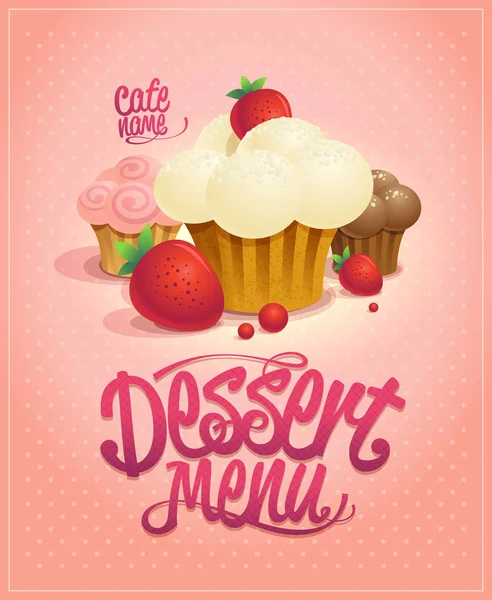 Dessert Menü Cover Vektor Design Konzept Mit Cupcakes Kuchen Und — Stockvektor