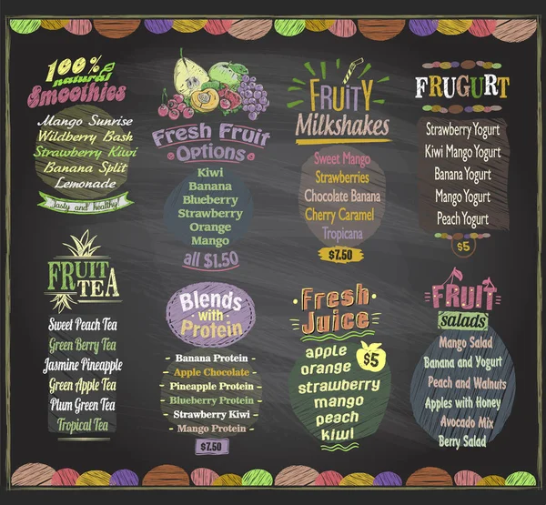 Menu Fruits Tableau Thé Jus Salades Smoothies Frugurt Milk Shakes — Image vectorielle