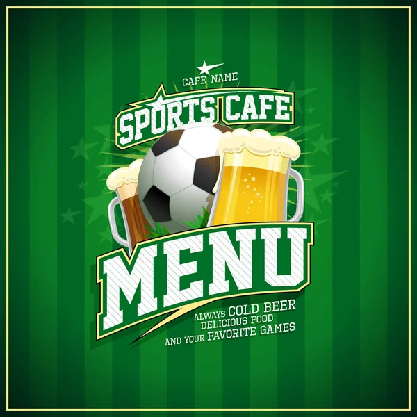 Sports Cafe Menu Cover Design Football Ball Beer — Stock Vector