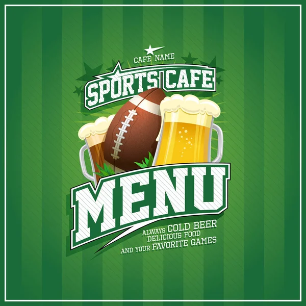 Sports Café Menu Karta Projekt Rugby Piłka Szklanki Piwa — Wektor stockowy