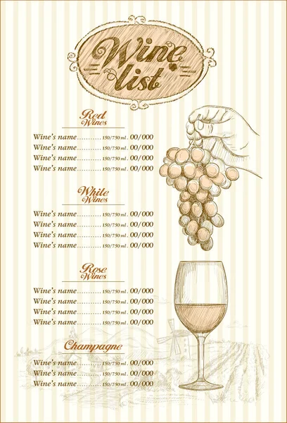 ワインリスト メニューの手描きのグラフィック図 ブドウの束とワインのグラス — ストックベクタ