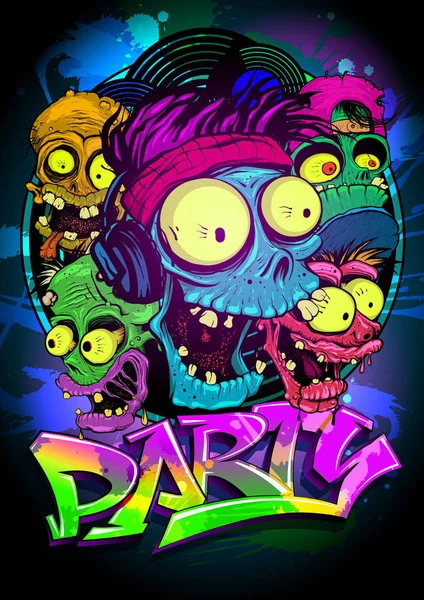 Diseño Póster Fiesta Arte Con Monstruos Zombies Ilustración Vectorial Dibujada — Archivo Imágenes Vectoriales