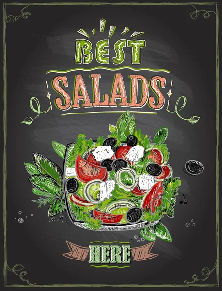 En iyi salata, salata, kara tahta menüsüyle çizilen illüstrasyon el