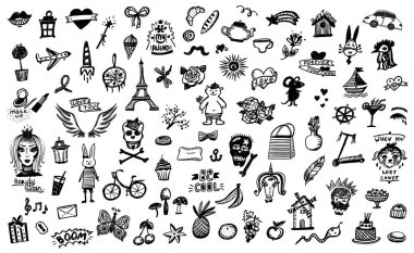 Elle çizilmiş doodle grafik satır öğeleri, çiçekler ve kafatasları, meyve ve tatlılar, vb.