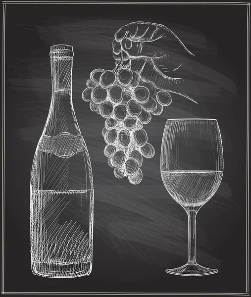 手绘粉笔图形插图一个人手捧着一串葡萄 一杯酒和一瓶酒 — 图库矢量图片