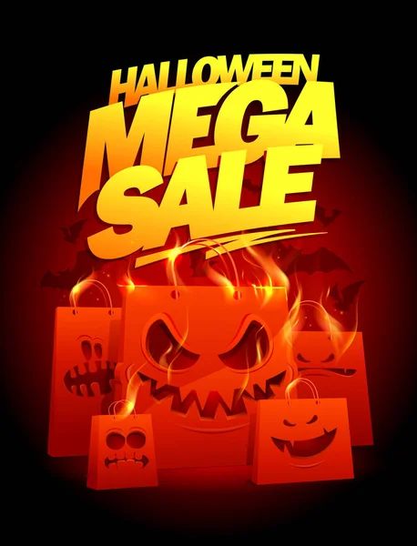 Halloween Mega Försäljning Vektor Banner Design Med Onda Burning Papperspåsar — Stock vektor