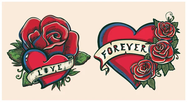 老学校手画图解与心脏 玫瑰和丝带 纹身样式 — 图库矢量图片