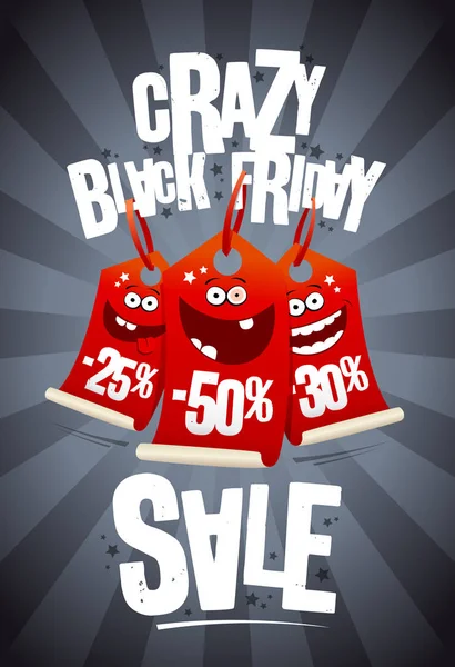 Τρελό Μαύρη Παρασκευή Πώληση Αφίσας Έννοια Χαμογελαστά Τρελή Τιμή Ετικέτες — Διανυσματικό Αρχείο
