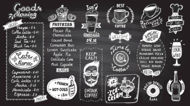 Cafe menü kara tahta tasarımı ayarla, elle çizilmiş çizgi grafik illüstrasyon hamur işleri ve içecekler, Vejetaryen menü, çay ve kahve sembolleri, dondurma ve buzlu kokteyller, sosisli sandviç ve çörek, şarap ve bira, vb.