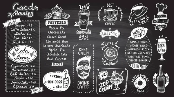 咖啡厅菜单黑板设计集 手绘线图形插图与糕点和饮料 素食主义者菜单 咖啡和茶的符号 冰淇淋和冰鸡尾酒 热狗和甜甜圈 葡萄酒和啤酒等 — 图库矢量图片