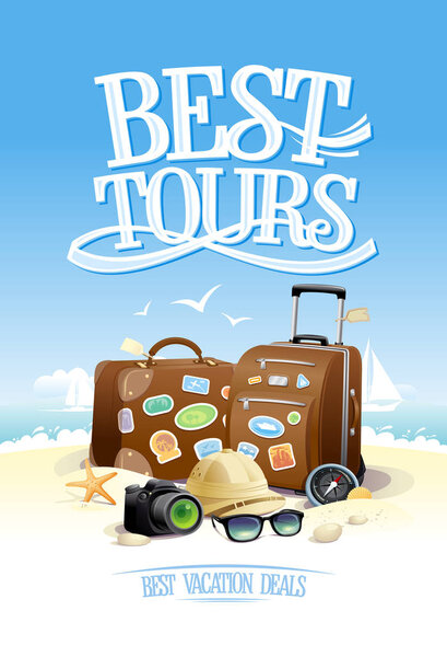 Best tours poster design with two big suitcases, sunglasses, hat and camera, summer beach backdrop