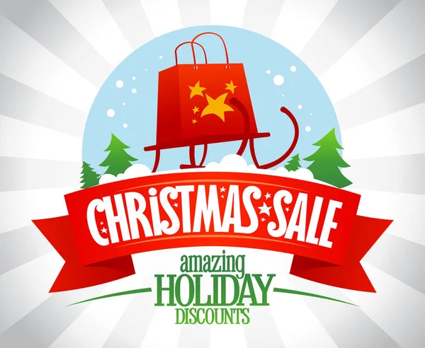 圣诞销售海报 惊人的假日折扣 矢量插图与雪地球仪和雪橇 — 图库矢量图片