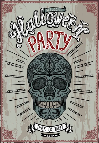 Плакат Вечеринки Хэллоуин Нарисованным Вручную Черепом Винтажный Стиль — стоковый вектор