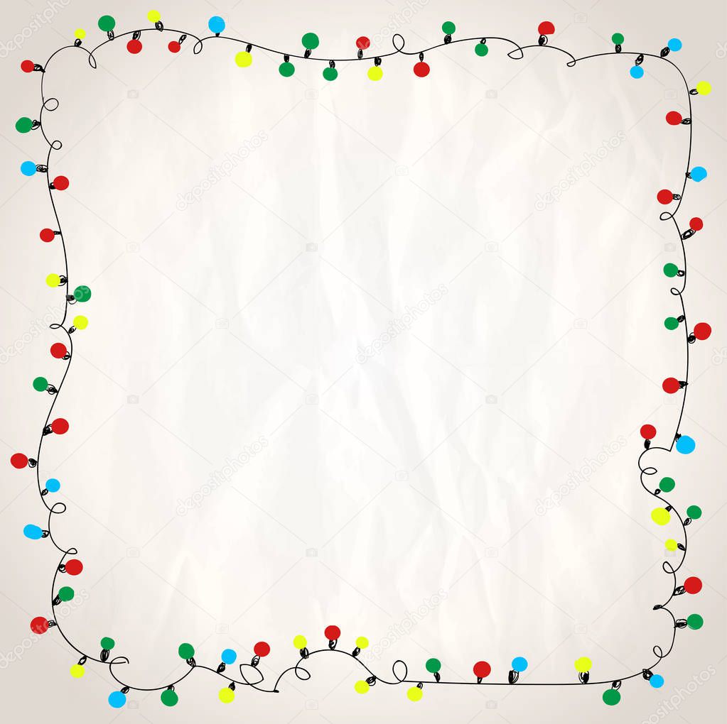 Simple frame with garland lights against paper background, hand drawn doodle illustration
