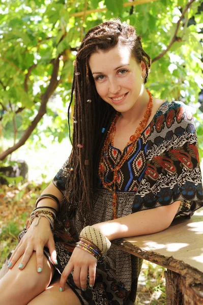 Joyful Young Woman Portrait Dreadlocks Dressed Boho Style Dress Necklace — Stock Photo, Image