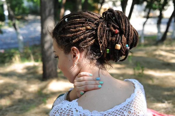 Beautiful Young Woman Dreadlocks Hairstyle Gathered Ponytail Decorated Assorted Beads — Stock Photo, Image