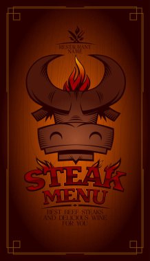 Biftek menü kart tasarımı, boğa baş logo, alevler ateş